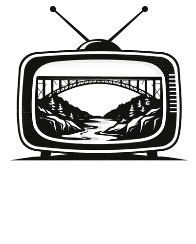 Vintage TV with New River Gorge bridge and landscape.