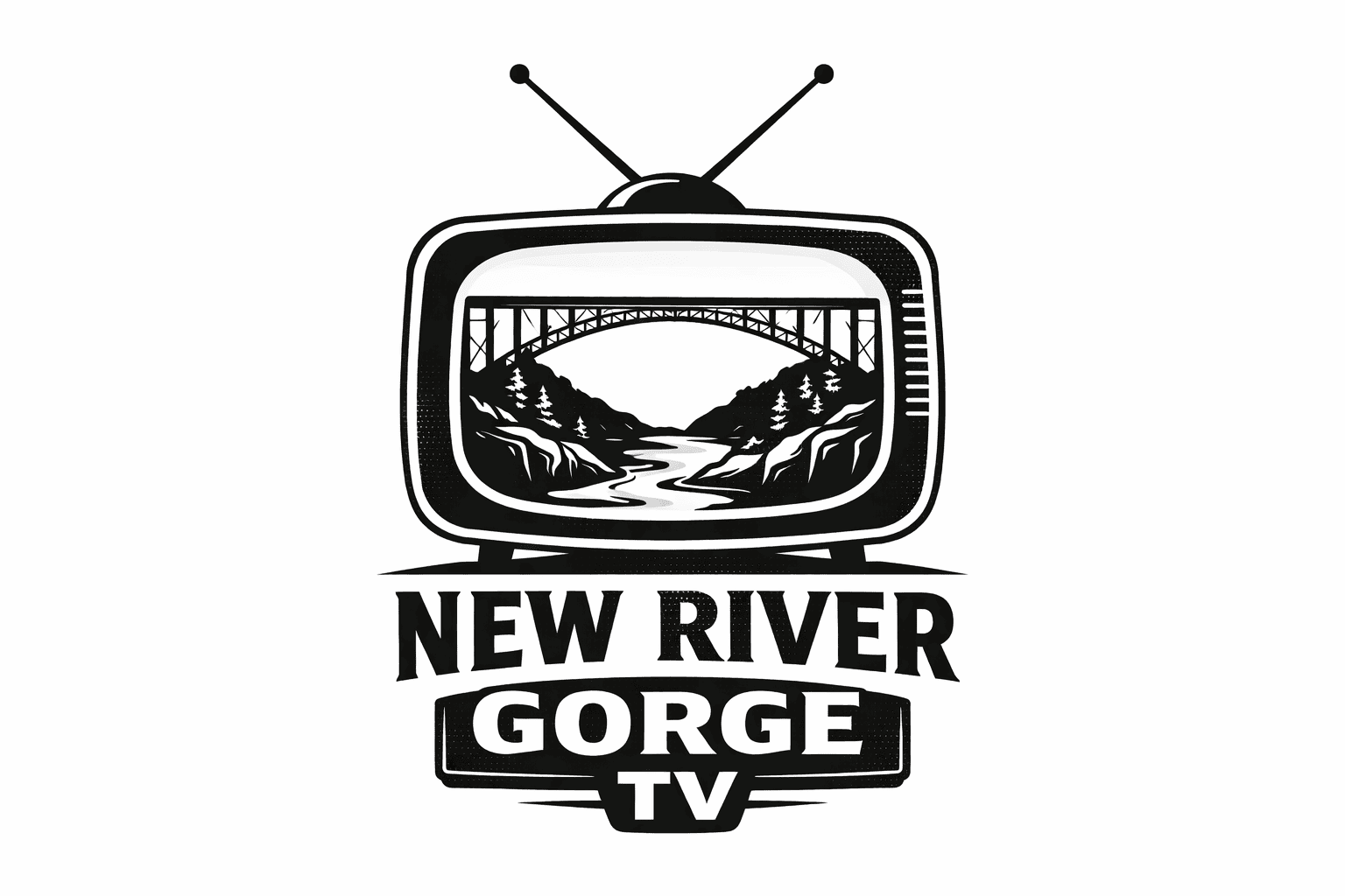 New River Gorge TV logo with vintage TV and scenic river view.