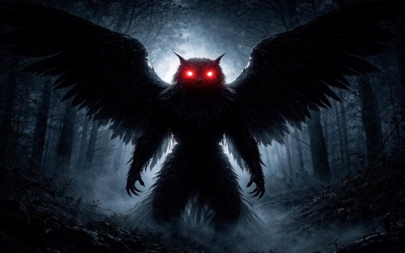 Mothman with glowing red eyes in dark forest near Fayetteville WV.