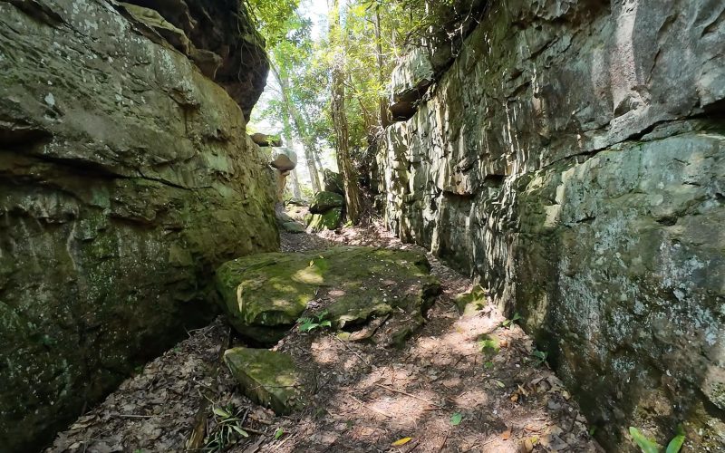 Serene trail through rocky gorge in New River Gorge, West Virginia.