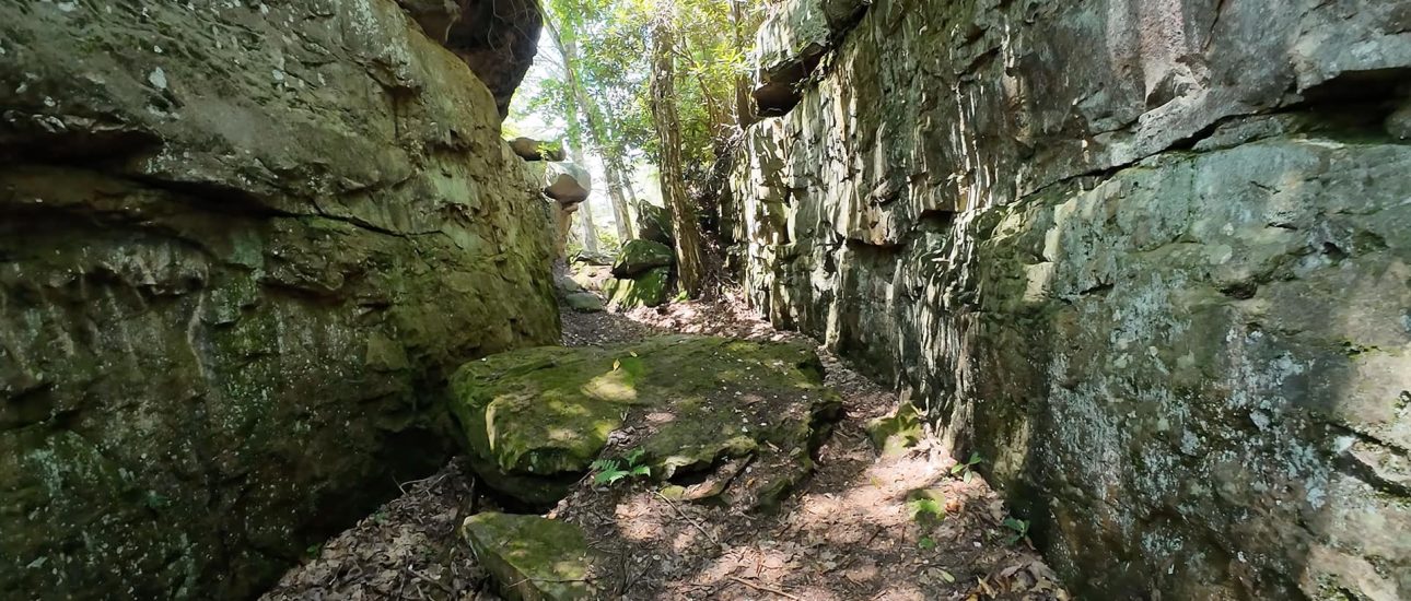 Serene trail through rocky gorge in New River Gorge, West Virginia.